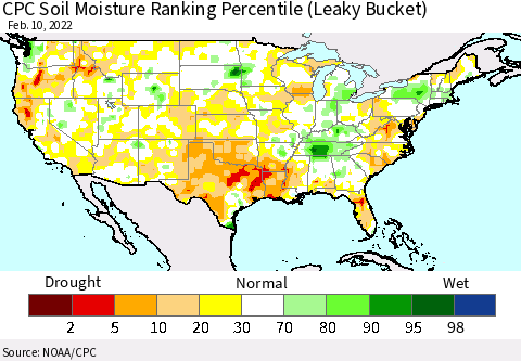 United States CPC Calculated Soil Moisture Ranking Percentile Thematic Map For 2/6/2022 - 2/10/2022