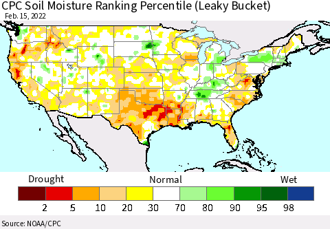 United States CPC Calculated Soil Moisture Ranking Percentile Thematic Map For 2/11/2022 - 2/15/2022