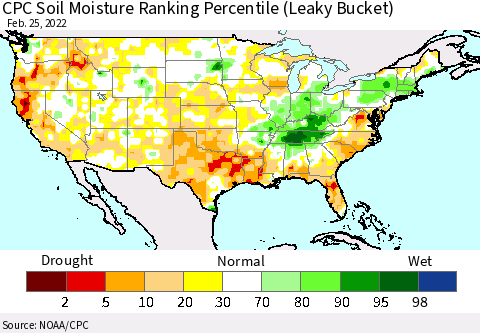 United States CPC Calculated Soil Moisture Ranking Percentile Thematic Map For 2/21/2022 - 2/25/2022