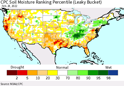 United States CPC Calculated Soil Moisture Ranking Percentile Thematic Map For 2/26/2022 - 2/28/2022