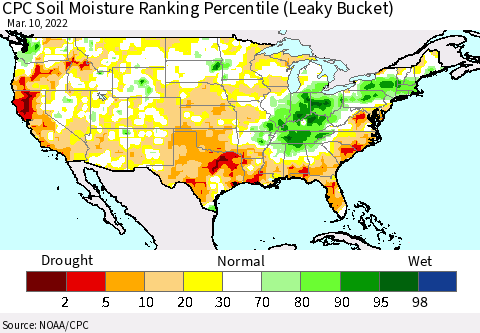 United States CPC Calculated Soil Moisture Ranking Percentile Thematic Map For 3/6/2022 - 3/10/2022