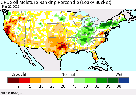 United States CPC Calculated Soil Moisture Ranking Percentile Thematic Map For 3/16/2022 - 3/20/2022