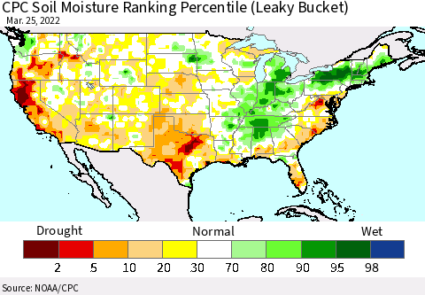 United States CPC Calculated Soil Moisture Ranking Percentile Thematic Map For 3/21/2022 - 3/25/2022