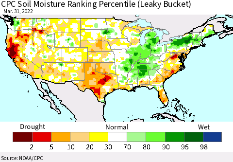 United States CPC Calculated Soil Moisture Ranking Percentile Thematic Map For 3/26/2022 - 3/31/2022