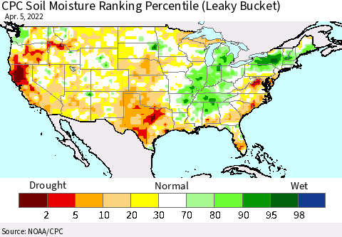 United States CPC Soil Moisture Ranking Percentile (Leaky Bucket) Thematic Map For 4/1/2022 - 4/5/2022