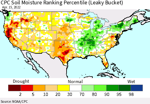 United States CPC Calculated Soil Moisture Ranking Percentile Thematic Map For 4/11/2022 - 4/15/2022