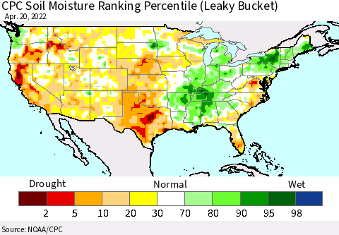 United States CPC Calculated Soil Moisture Ranking Percentile Thematic Map For 4/16/2022 - 4/20/2022