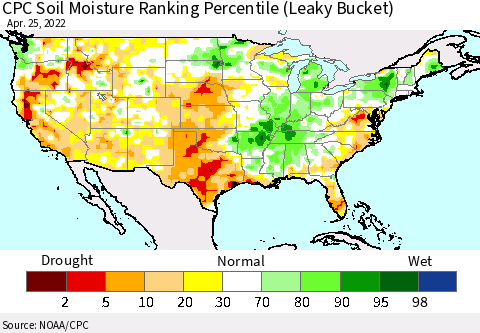 United States CPC Calculated Soil Moisture Ranking Percentile Thematic Map For 4/21/2022 - 4/25/2022