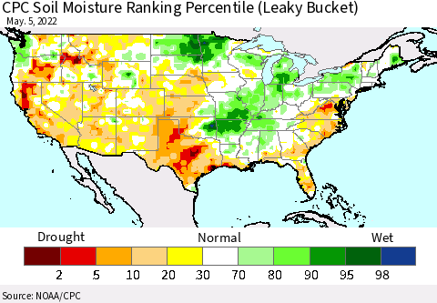 United States CPC Calculated Soil Moisture Ranking Percentile Thematic Map For 5/1/2022 - 5/5/2022