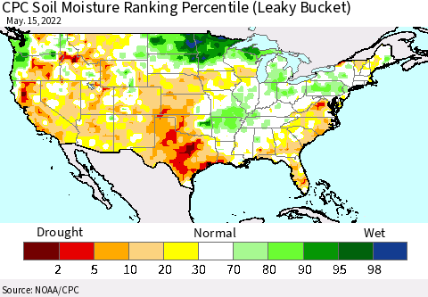 United States CPC Calculated Soil Moisture Ranking Percentile Thematic Map For 5/11/2022 - 5/15/2022