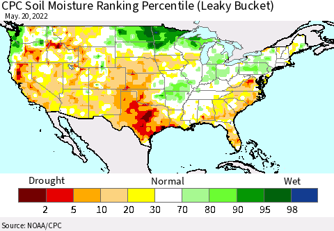 United States CPC Calculated Soil Moisture Ranking Percentile Thematic Map For 5/16/2022 - 5/20/2022