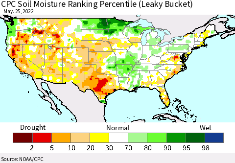 United States CPC Calculated Soil Moisture Ranking Percentile Thematic Map For 5/21/2022 - 5/25/2022