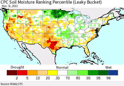 United States CPC Calculated Soil Moisture Ranking Percentile Thematic Map For 5/26/2022 - 5/31/2022