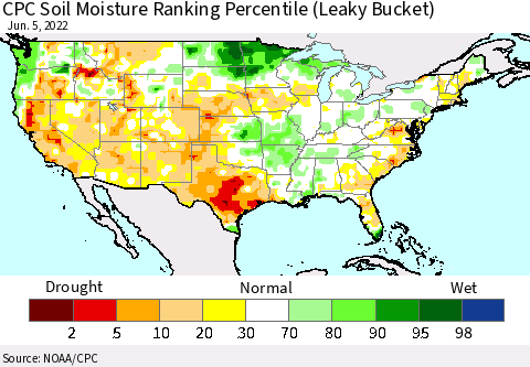 United States CPC Calculated Soil Moisture Ranking Percentile Thematic Map For 6/1/2022 - 6/5/2022