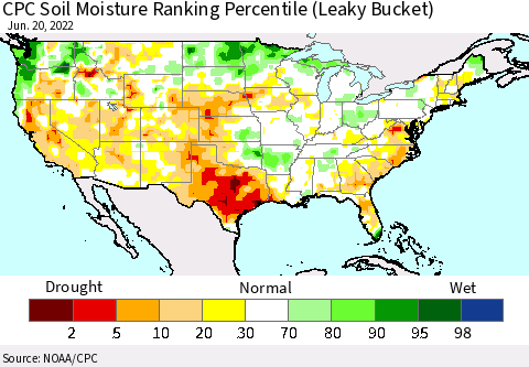 United States CPC Calculated Soil Moisture Ranking Percentile Thematic Map For 6/16/2022 - 6/20/2022