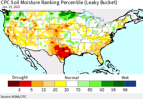 United States CPC Soil Moisture Ranking Percentile (Leaky Bucket) Thematic Map For 6/21/2022 - 6/25/2022