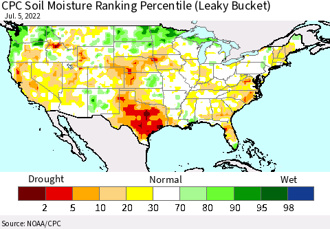 United States CPC Soil Moisture Ranking Percentile (Leaky Bucket) Thematic Map For 7/1/2022 - 7/5/2022