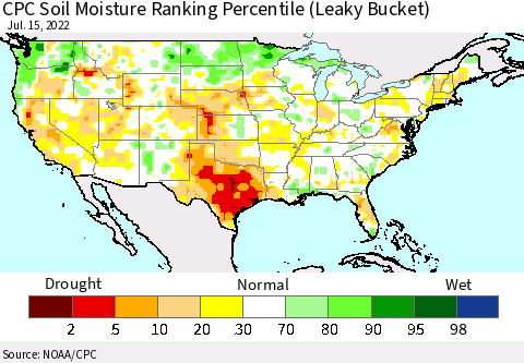 United States CPC Calculated Soil Moisture Ranking Percentile Thematic Map For 7/11/2022 - 7/15/2022