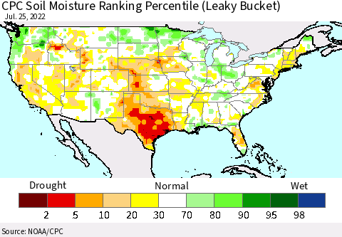 United States CPC Calculated Soil Moisture Ranking Percentile Thematic Map For 7/21/2022 - 7/25/2022