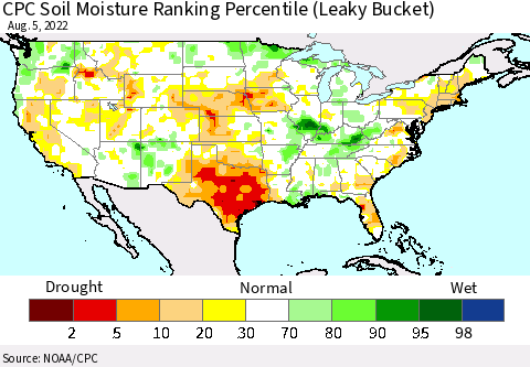 United States CPC Calculated Soil Moisture Ranking Percentile Thematic Map For 8/1/2022 - 8/5/2022