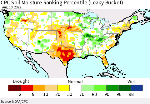 United States CPC Calculated Soil Moisture Ranking Percentile Thematic Map For 8/6/2022 - 8/10/2022