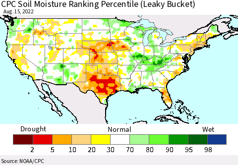 United States CPC Calculated Soil Moisture Ranking Percentile Thematic Map For 8/11/2022 - 8/15/2022