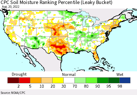 United States CPC Calculated Soil Moisture Ranking Percentile Thematic Map For 8/16/2022 - 8/20/2022