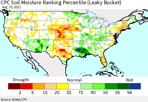 United States CPC Calculated Soil Moisture Ranking Percentile Thematic Map For 8/21/2022 - 8/25/2022