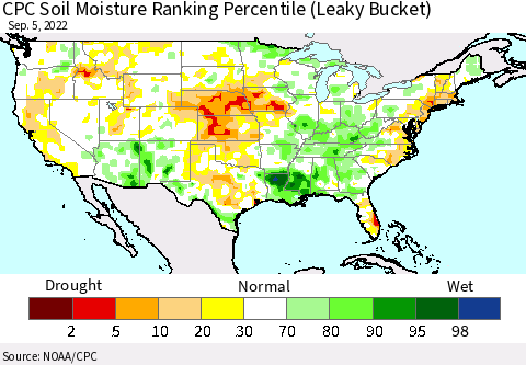 United States CPC Soil Moisture Ranking Percentile (Leaky Bucket) Thematic Map For 9/1/2022 - 9/5/2022
