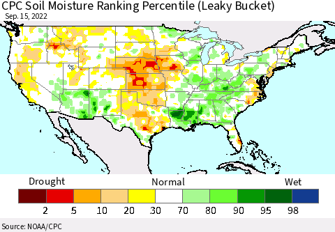 United States CPC Soil Moisture Ranking Percentile (Leaky Bucket) Thematic Map For 9/11/2022 - 9/15/2022