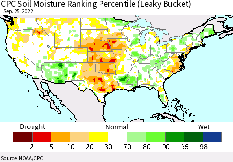 United States CPC Calculated Soil Moisture Ranking Percentile Thematic Map For 9/21/2022 - 9/25/2022