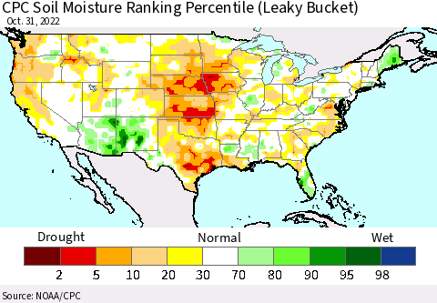 United States CPC Soil Moisture Ranking Percentile (Leaky Bucket) Thematic Map For 10/26/2022 - 10/31/2022