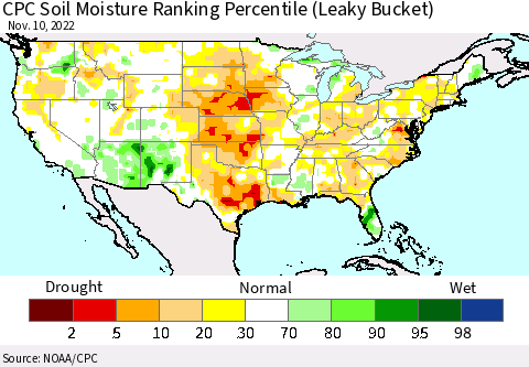 United States CPC Soil Moisture Ranking Percentile (Leaky Bucket) Thematic Map For 11/6/2022 - 11/10/2022