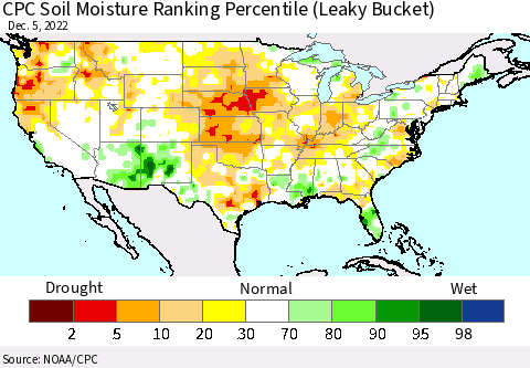 United States CPC Soil Moisture Ranking Percentile (Leaky Bucket) Thematic Map For 12/1/2022 - 12/5/2022