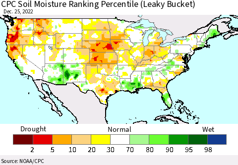 United States CPC Calculated Soil Moisture Ranking Percentile Thematic Map For 12/21/2022 - 12/25/2022