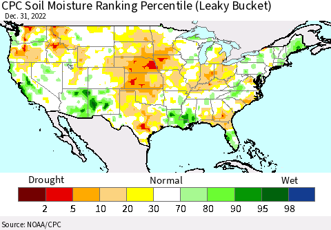 United States CPC Soil Moisture Ranking Percentile (Leaky Bucket) Thematic Map For 12/26/2022 - 12/31/2022