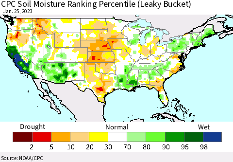 United States CPC Soil Moisture Ranking Percentile (Leaky Bucket) Thematic Map For 1/21/2023 - 1/25/2023