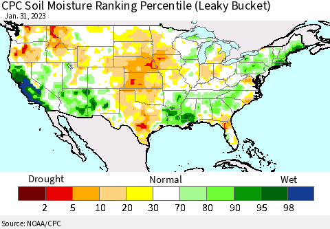 United States CPC Soil Moisture Ranking Percentile (Leaky Bucket) Thematic Map For 1/26/2023 - 1/31/2023