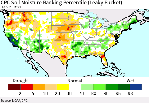 United States CPC Soil Moisture Ranking Percentile Thematic Map For 2/21/2023 - 2/25/2023