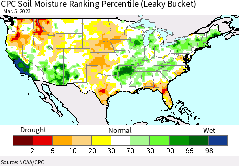 United States CPC Soil Moisture Ranking Percentile (Leaky Bucket) Thematic Map For 3/1/2023 - 3/5/2023