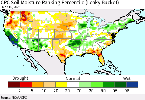 United States CPC Calculated Soil Moisture Ranking Percentile Thematic Map For 3/6/2023 - 3/10/2023