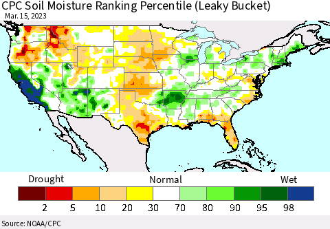 United States CPC Soil Moisture Ranking Percentile (Leaky Bucket) Thematic Map For 3/11/2023 - 3/15/2023