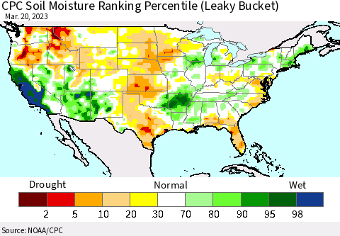 United States CPC Soil Moisture Ranking Percentile (Leaky Bucket) Thematic Map For 3/16/2023 - 3/20/2023
