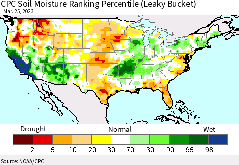 United States CPC Soil Moisture Ranking Percentile Thematic Map For 3/21/2023 - 3/25/2023
