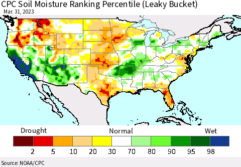 United States CPC Calculated Soil Moisture Ranking Percentile Thematic Map For 3/26/2023 - 3/31/2023