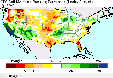 United States CPC Soil Moisture Ranking Percentile Thematic Map For 4/1/2023 - 4/5/2023
