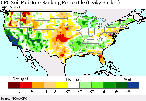 United States CPC Calculated Soil Moisture Ranking Percentile Thematic Map For 4/11/2023 - 4/15/2023