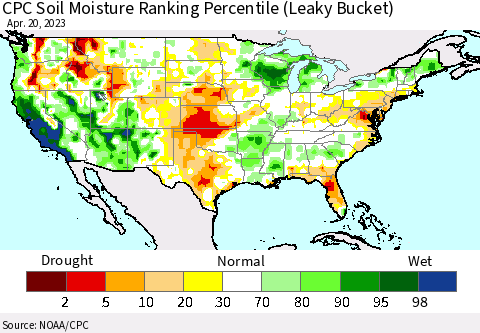 United States CPC Soil Moisture Ranking Percentile (Leaky Bucket) Thematic Map For 4/16/2023 - 4/20/2023