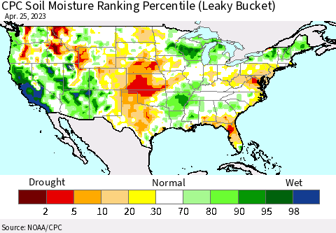 United States CPC Soil Moisture Ranking Percentile (Leaky Bucket) Thematic Map For 4/21/2023 - 4/25/2023
