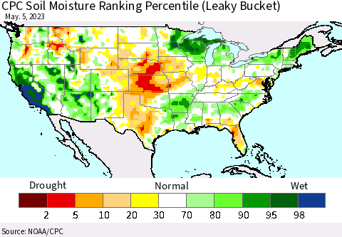 United States CPC Soil Moisture Ranking Percentile (Leaky Bucket) Thematic Map For 5/1/2023 - 5/5/2023